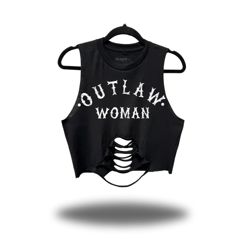 TheDriveClothing Outlaw Woman Road Rash Black Belly Middle Spine Crop Tank – Vintage Streetwear Graphic Crop Top, Women’s Oversized Y2K Grunge Biker Fashion Cotton Tank Outfit Apparel