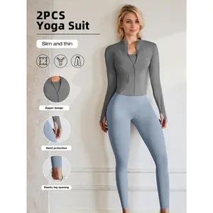 European size polyester fabric fitness running suit, long-sleeved sports jacket, cycling and hiking tight-fitting pants fitness set