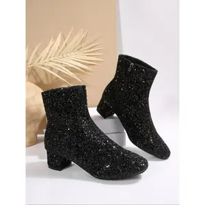 Women’s Plus Size Short Ankle Boots, European Style Chunky Heel Round Toe Sparkly Fashion Sequin Side Zipper Ankle Booties
