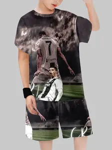 Boys Juventus Cr7 Dual Image Short Sleeve Athletic Set, Football Star Print, Short Sleeve Shorts Two-Piece, Summer Casual Kids Clothing
