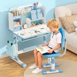 Bodonl Kids Study Desk Chair Set Height Adjustable with Sitting Corrector Ergonomic Design Book Stand Foot Pedal Partition Drawer for 3-18 Years Old Pink Blue