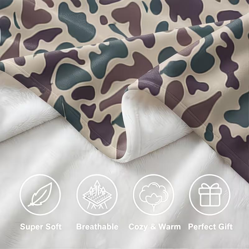 Soft & Lightweight Camouflage Flannel Blanket - 3D Digital Print All-Season Throw for Bed, Sofa, Camping & Travel - Green, Brown & Beige Camo Pattern