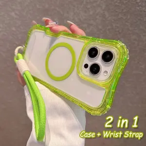 Wrist Strap Lanyard Shockproof Armor Magnetic Case For iPhone 17 Air 16 15 14 13 12 11 Pro Max 16E 16 Plus  Wireless Charge Clear Cover Lightweight Shockproof Cover