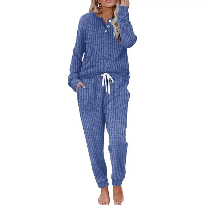 Women's 2-Piece Loungewear Set, Basic Casual Long Sleeve Button-Down Sweatshirt & Sweatpants with Pockets for Daily Wear