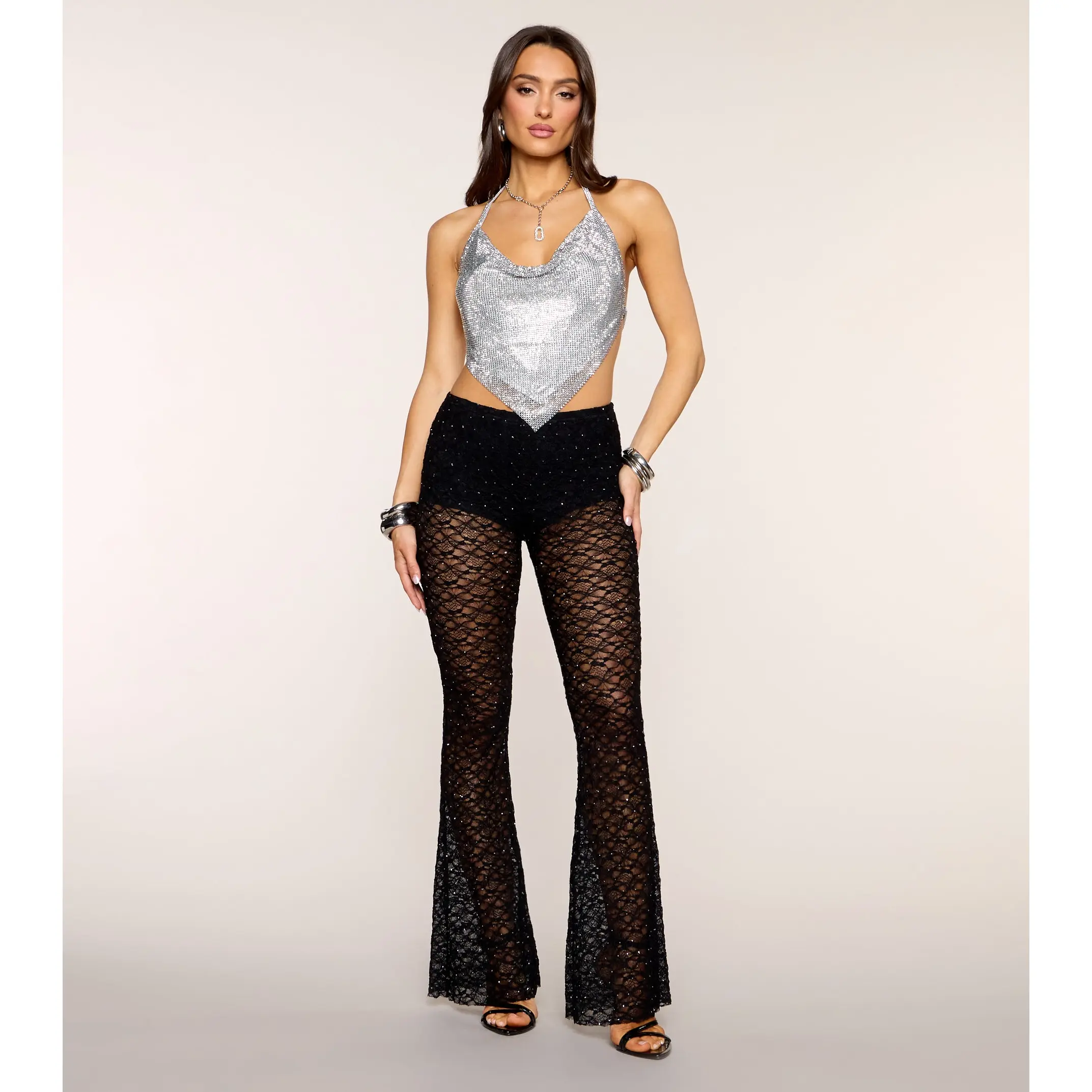 Night Glam Lace Rhinestone Flare Pants