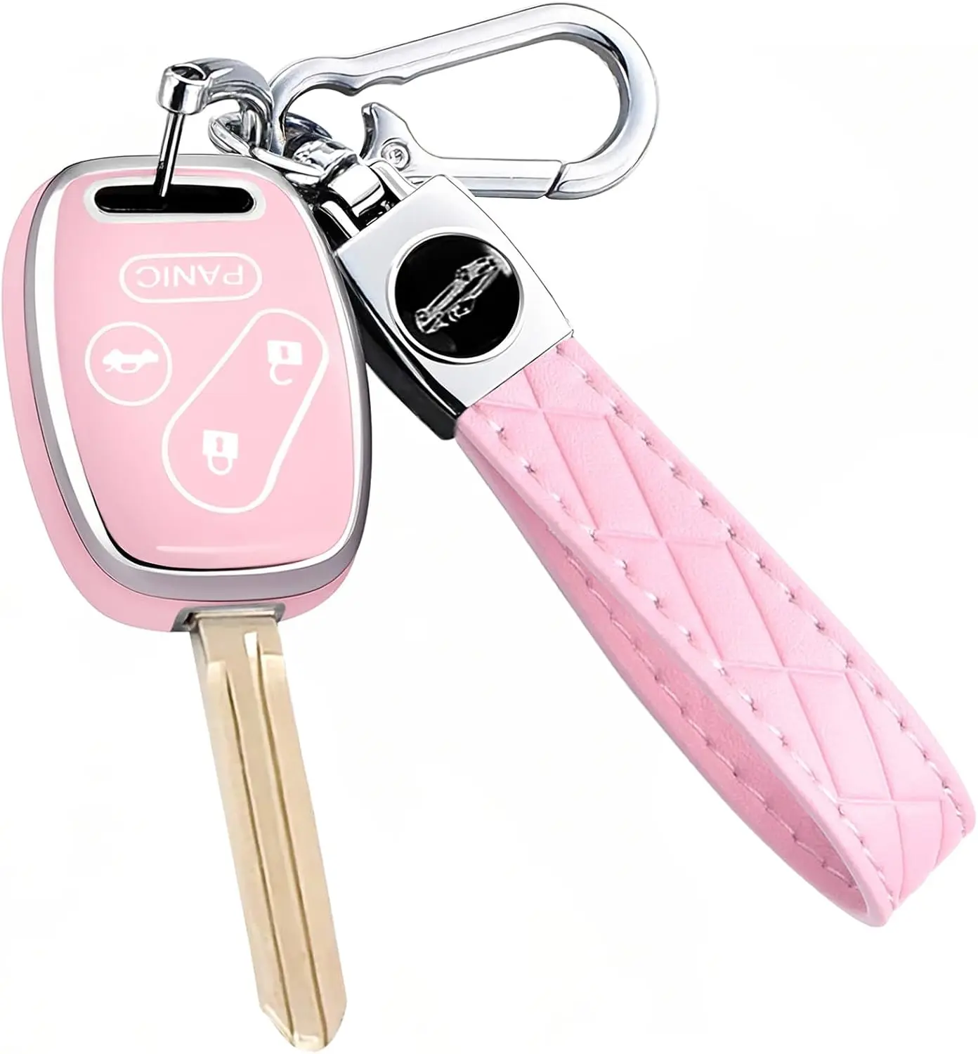 Key Fob Cover for Honda with Leather Keychain, Premium TPU Key Case Compatible with Honda 2003-2015 Accord Fit Civic EX CR-V  Ridgeline Element Remote Smart Car Key Protector(4 Buttons Pink), Leather Strap, Accord/Civic