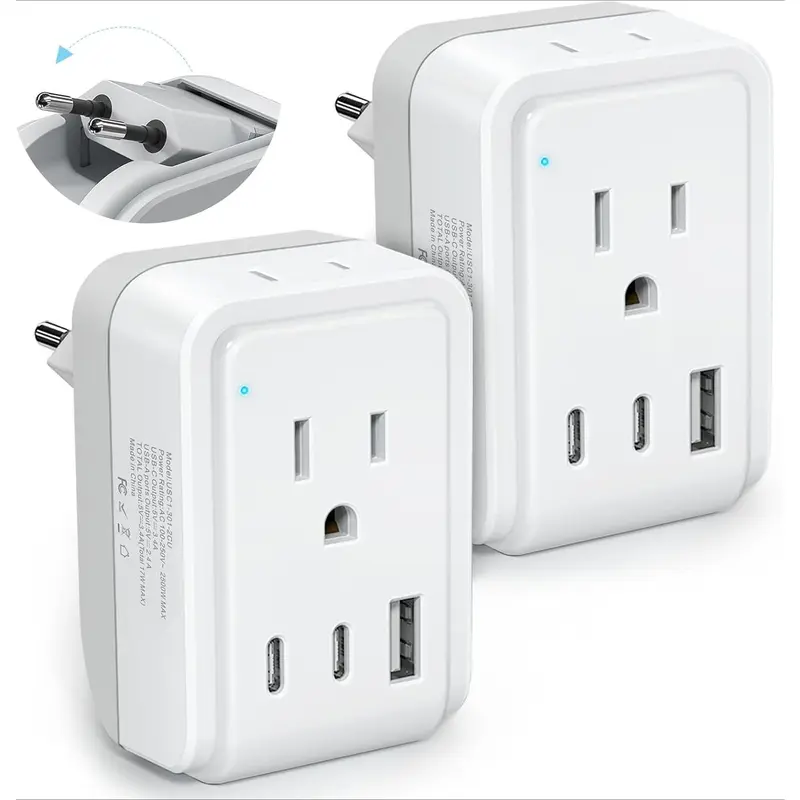 SQ-APT014 2 Pack European Travel Plug Adapter, Foldable International Power Adapter with 2 AC Outlets 3 USB Charging Ports(2 USB C), Type C Power Adaptor to Most Europe Italy Spain France Iceland Germany