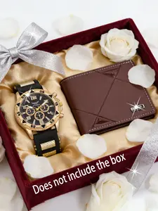 2pcs Men's Multifunction Stylish Quartz Watch Set, Face Business Watch + PU Leather Wallet, Perfect Gift for Him on Holidays