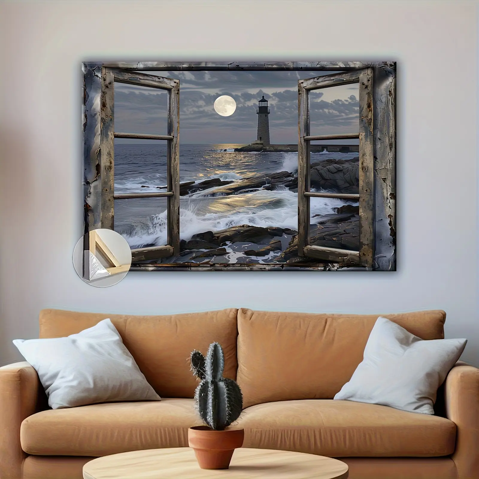 Window View Ocean Lighthouse Night Framed Canvas Wall Art, Full Moon Sea Wave Scenery Print, Coastal Nature Room Decor Framed Canvas Wrap