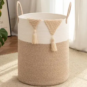 Large Laundry Basket Hamper - 60L Cotton Rope Woven Basket for Blankets, Toys, Clothes - Tall Decorative Nursery Hamper with Long Handles, Brown/White