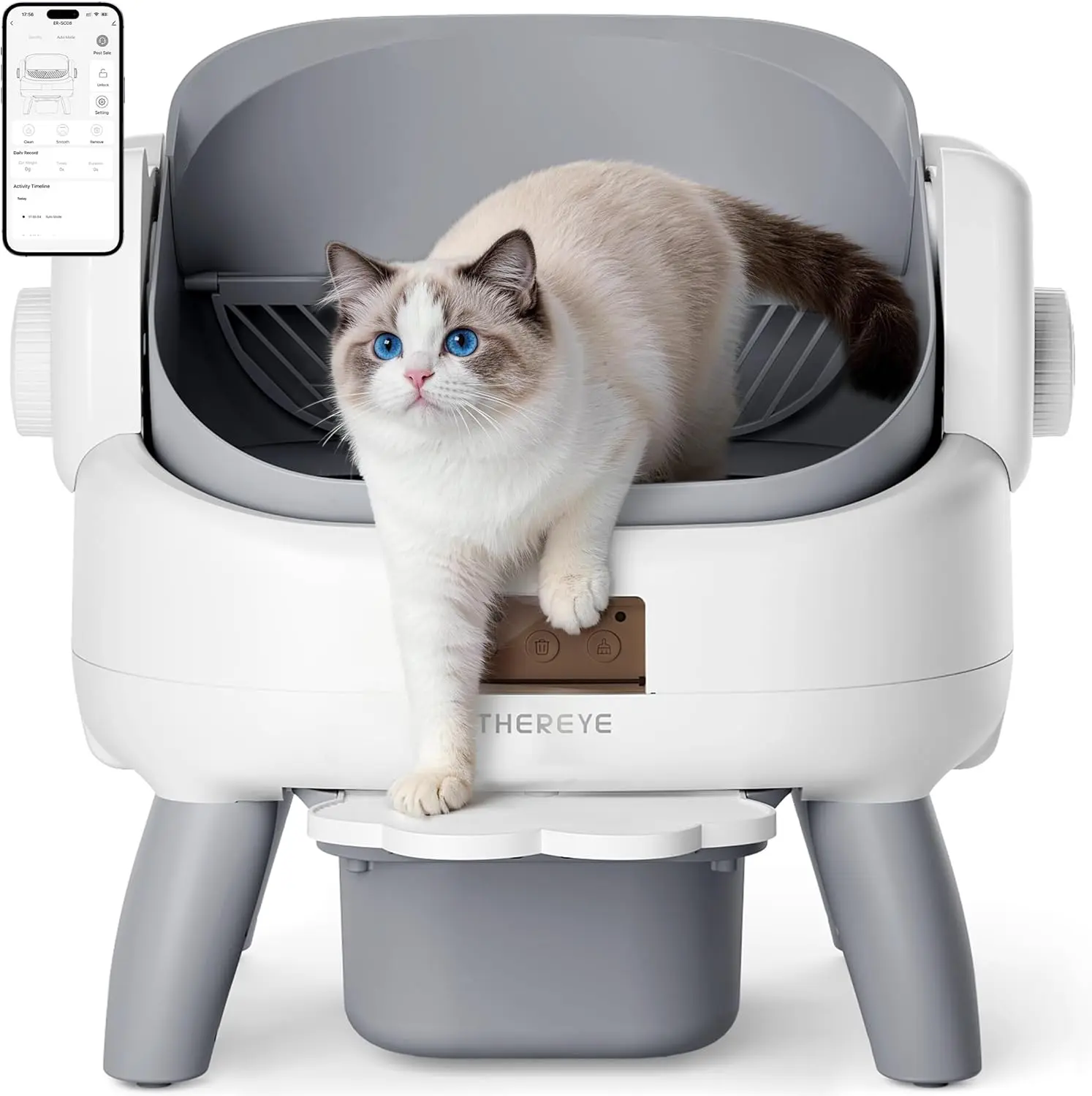 (SC08) Thereye Automatic Litter Box with Entry Step, Open-Top Self Cleaning Litter Box, 11 Safety Protections & App Control, Odor Control Smart Cat Litter Box with Trash Bags/Litter Mat