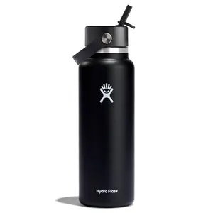 Hydro Flask 40oz Wide Mouth Flex Straw Bottle - Black: Vacuum-Insulated, BPA-Free