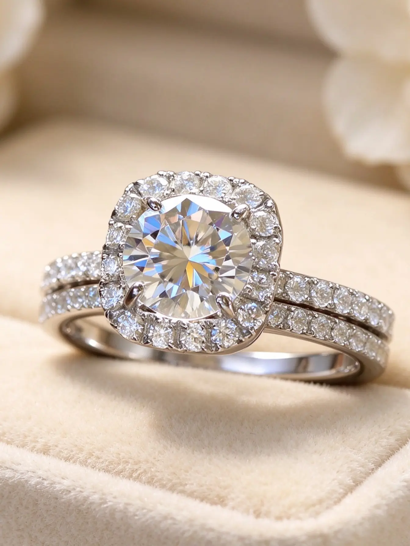 Fashion Luxury Round Center Stone Cushion Halo Beautiful Rings Set for Women, Wedding Engagement Stackable Rings for Women Full Paved Band,Hostess Daily Wear Eternity Band Boho Jewelry Gift for Her, Fashionable Accessory, glamorous red carpet jewelry