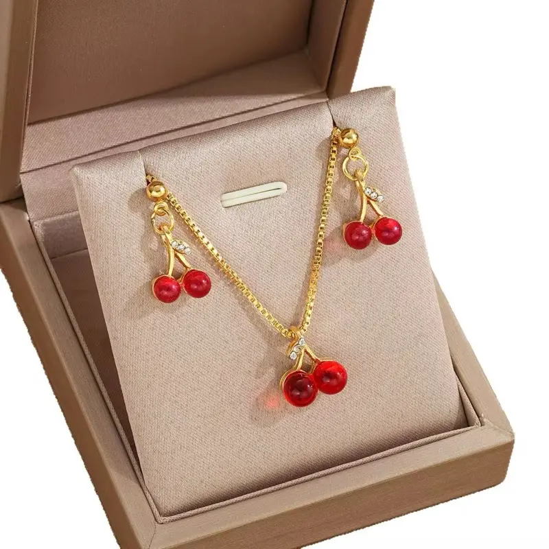 Women's Wine Red Cherry Gold Necklace and Earring Set, Fashion Necklace, Wedding Jewelry, Anniversary Gifts