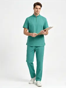 Zip Up Stand Collar Short Sleeve Scrub Set Breathable Nurse Workwear For Hospital Clinic Skin Management Beauty Salon
