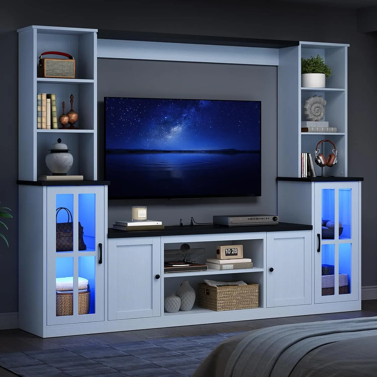 Large Size 74'' Farmhouse Wall Unit Entertainment Center, TV Stand with Bookshelves & Storage Organizer, Fits 50'' TVs Max, Media Console with LED Light Strip & Power Outlets for Living Room, Led Tv Stands, Farmhouse Tv Cabinet #SummerVibes