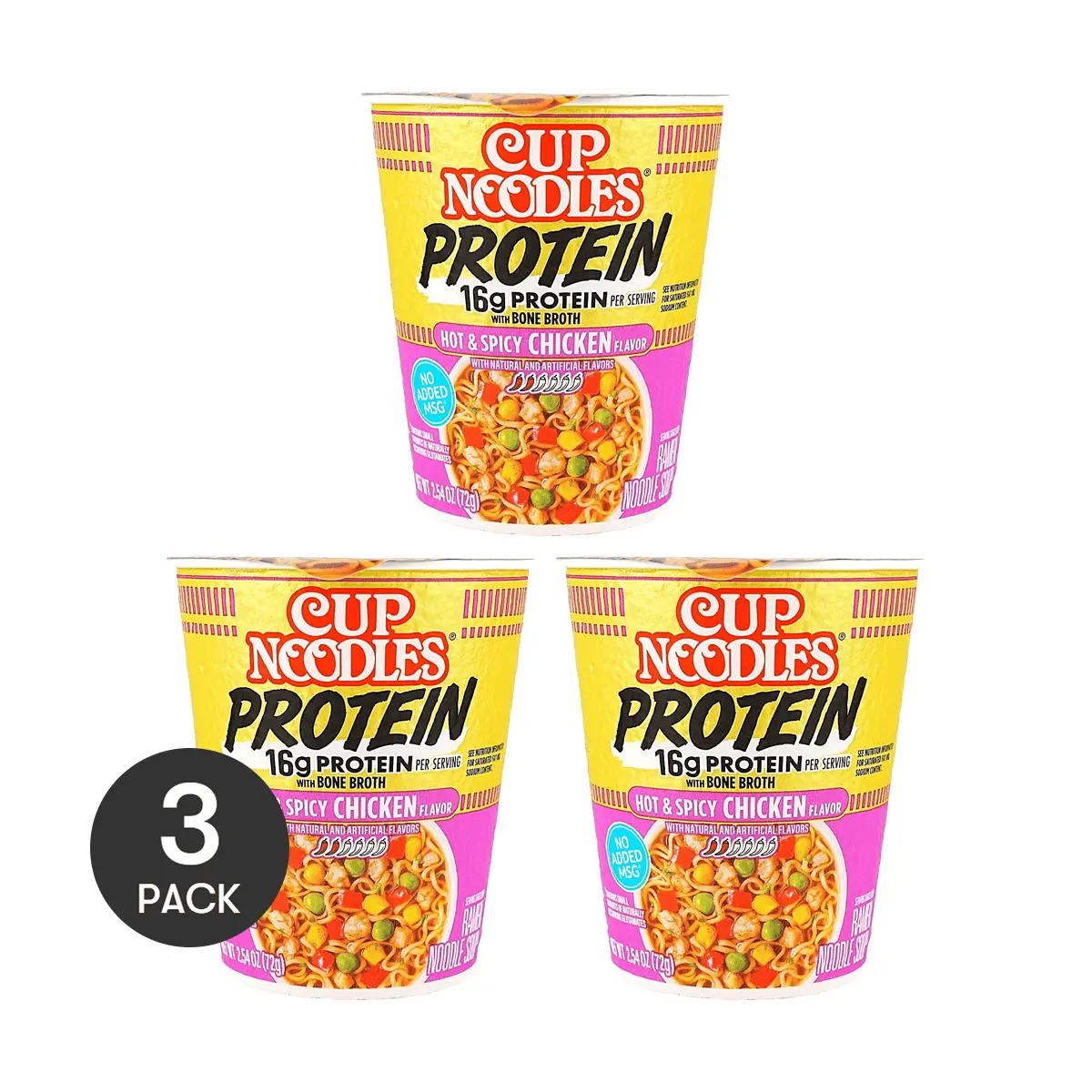 NISSIN Cup Noodles Protein Spicy Chicken Flavor - 3 Pack, 16g Protein Per Serving, Bone Broth Base, 72g Each - High Protein Instant Ramen for Adults