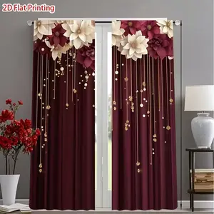 2pcs Elegant burgundy red floral pattern Print Digital Printed Curtains, Semi-Transparent Polyester, Fade Resistant, Hand Washable, Home Decoration Curtain