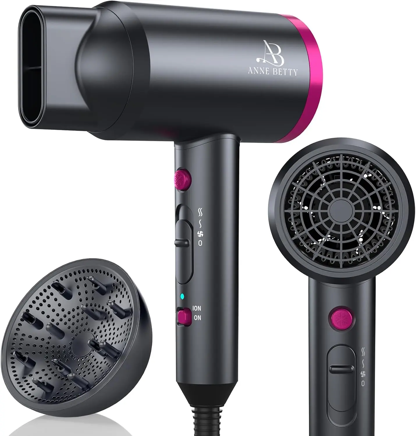 ANNE BETTY Ionic Hair Dryer with Diffuser, Powerful Blow Dryer for Women & Men, Fast-Drying Hair Dryer with Nozzle for Home, Salon, Travel