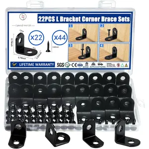 22 count L Bracket Corner Brace Sets, Stainless Steel Corner Brackets, 90  Right Angle Bracket, Metal L Brackets for Shelves  Furniture Cabinet Chair Drawer with 44 count Screws, Black (20mmx20mm)