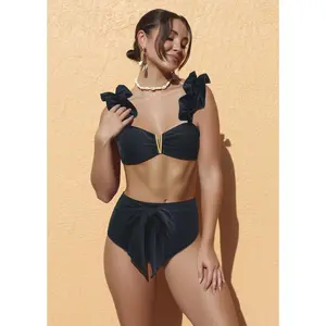 Ladies' split ruffle edge solid color high waist sexy bikini swimsuit looks slim
