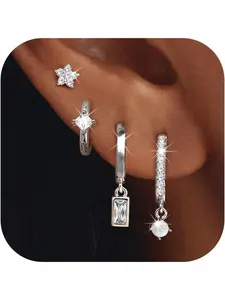 4 Pairs Silver Earrings for Women, 14K Gold Filled/Sterling Silver Filled Small Stud Hoop Earrings Set for Multiple Piercing, Hypoallergenic Cartilage Huggie Earrings Stacks Trendy Jewelry Gifts Earring Stacking Set