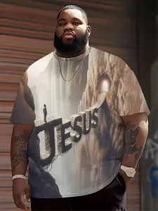 Men's Jesus Graphic Printed Short Sleeve T-Shirt Top, Geometric Design, Casual Streetwear Style, Breathable Polyester, Summer Wear