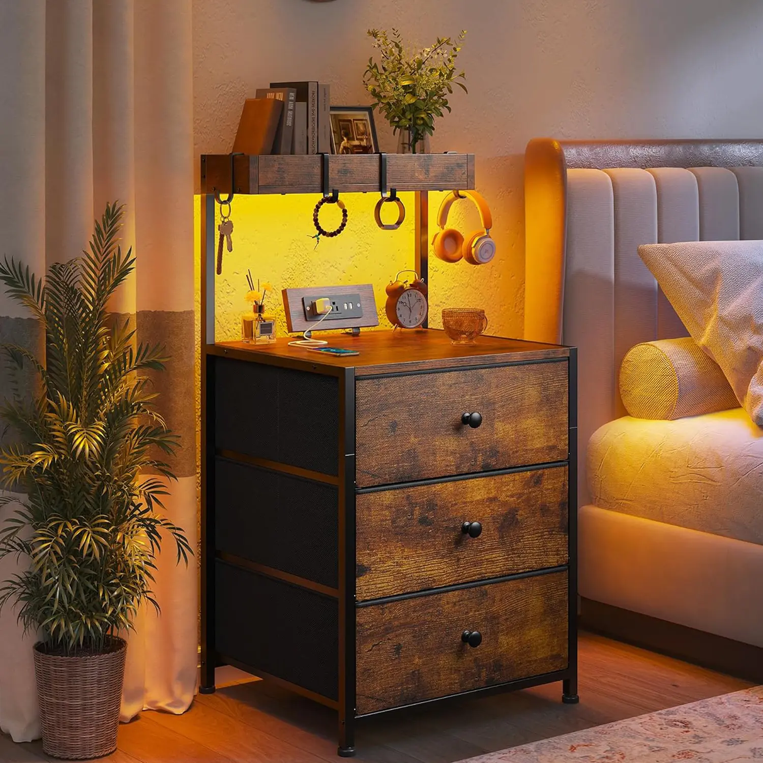 Raybee Soft LED Nightstand Set of 2 - Bedroom Furniture with 3 Fabric Drawers, Shelf, Hooks, Power Outlet, Charging Ports - Tall End Bedside Table for Bedroom Items, Available in White, Black, Rustic Brown