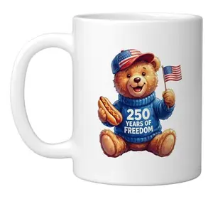Cute Patriotic Teddy Bear 250 Years of Freedom 4th of July Ceramic Mug, White 11 Oz