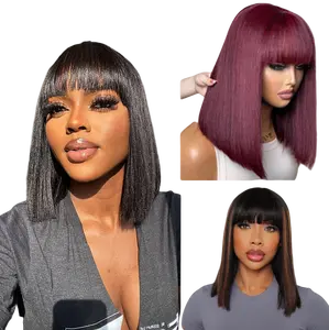 Put On And Go Realistic Glueless Yaki Straight Bob With Bangs Minimalist Undetectable HD Lace Wig