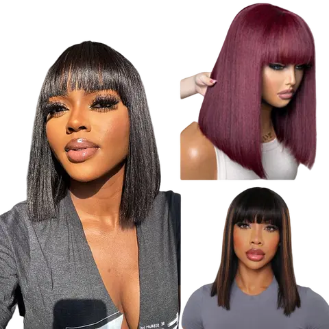 Put On And Go Realistic Glueless Yaki Straight Bob With Bangs Minimalist Undetectable HD Lace Wig