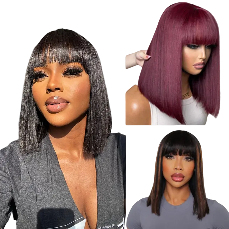 Put On And Go Realistic Glueless Yaki Straight Bob With Bangs Minimalist Undetectable HD Lace Wig