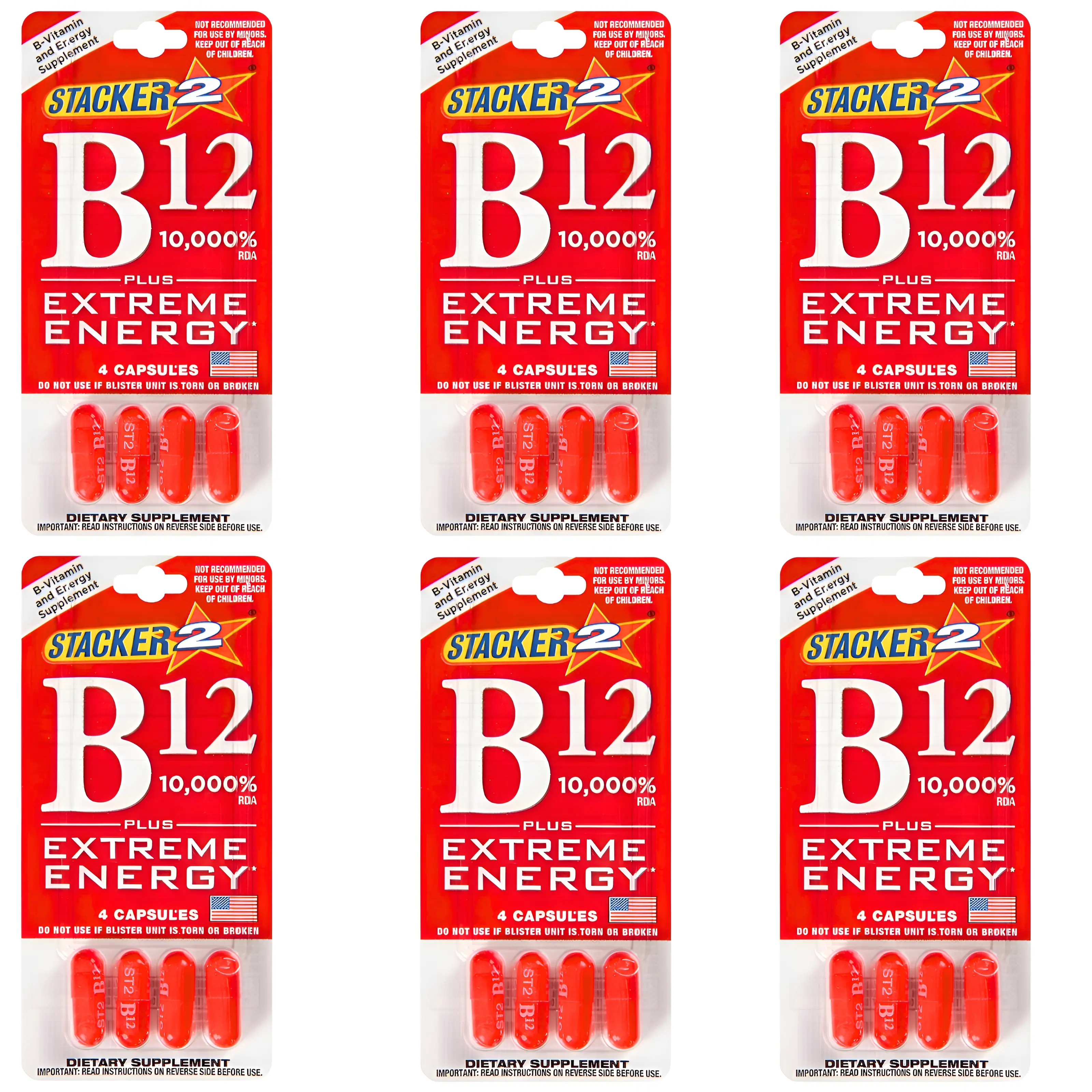 Stacker B12 Extreme Energy Capsule 10,000 RDA Vitamin B Complex B12 B6 B3 B7- Vegansafe & Vegan Cyanocobalamin, B6 Pyridoxine - 40mg B7 Biotin B3 Niacinamide (Niacin) 20mg (12 Pack - 48 Capsules)