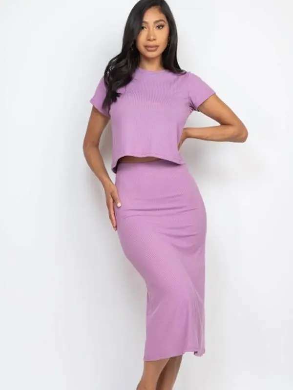 Ribbed Solid Top & Midi Skirt Set: Orchid / S