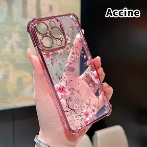 Electroplated Four Corner Anti-Fall Blossoming Cherry Dreams Pattern Phone Case for iPhone 16 Pro Max 15 Plus 14 13 12 11 E Shockproof Transparent Protective Cover