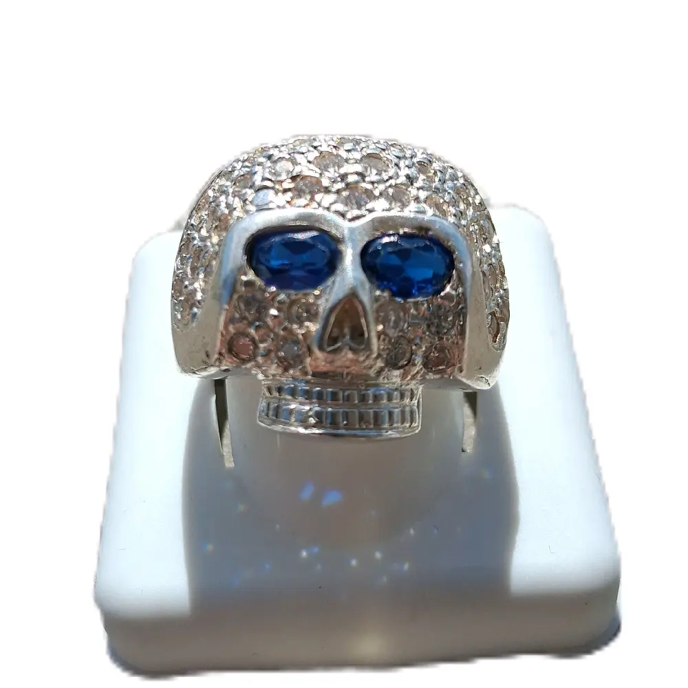 Anillo de Plata Mexicana 925 y Zirconias Diseño Calavera Sterling Silver Skulls Design Authentic Mexican hand Made jewelery gift for Men Size 10 Ring Half Face