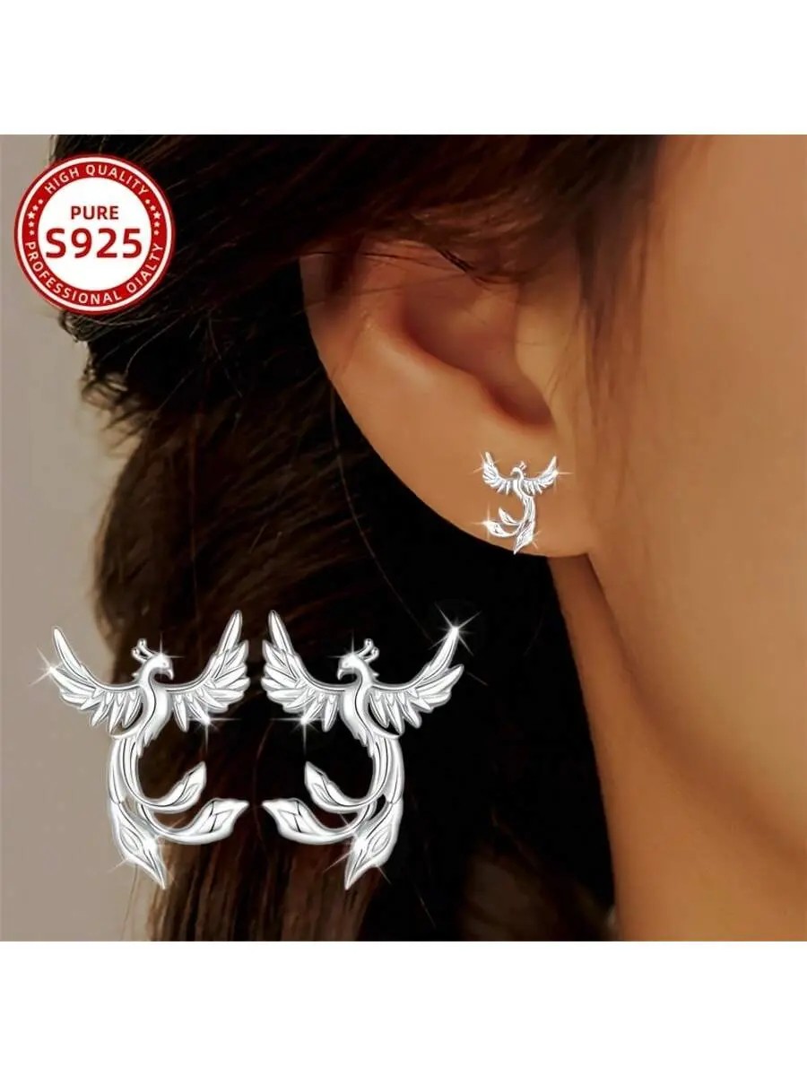 Women's 925 Sterling Silver Phoenix Stud Earrings - High-End Elegant Female Fashion Accessory, 1.1G Lightweight for Daily Wear, Gifting & Music Festivals, Casual, Animal