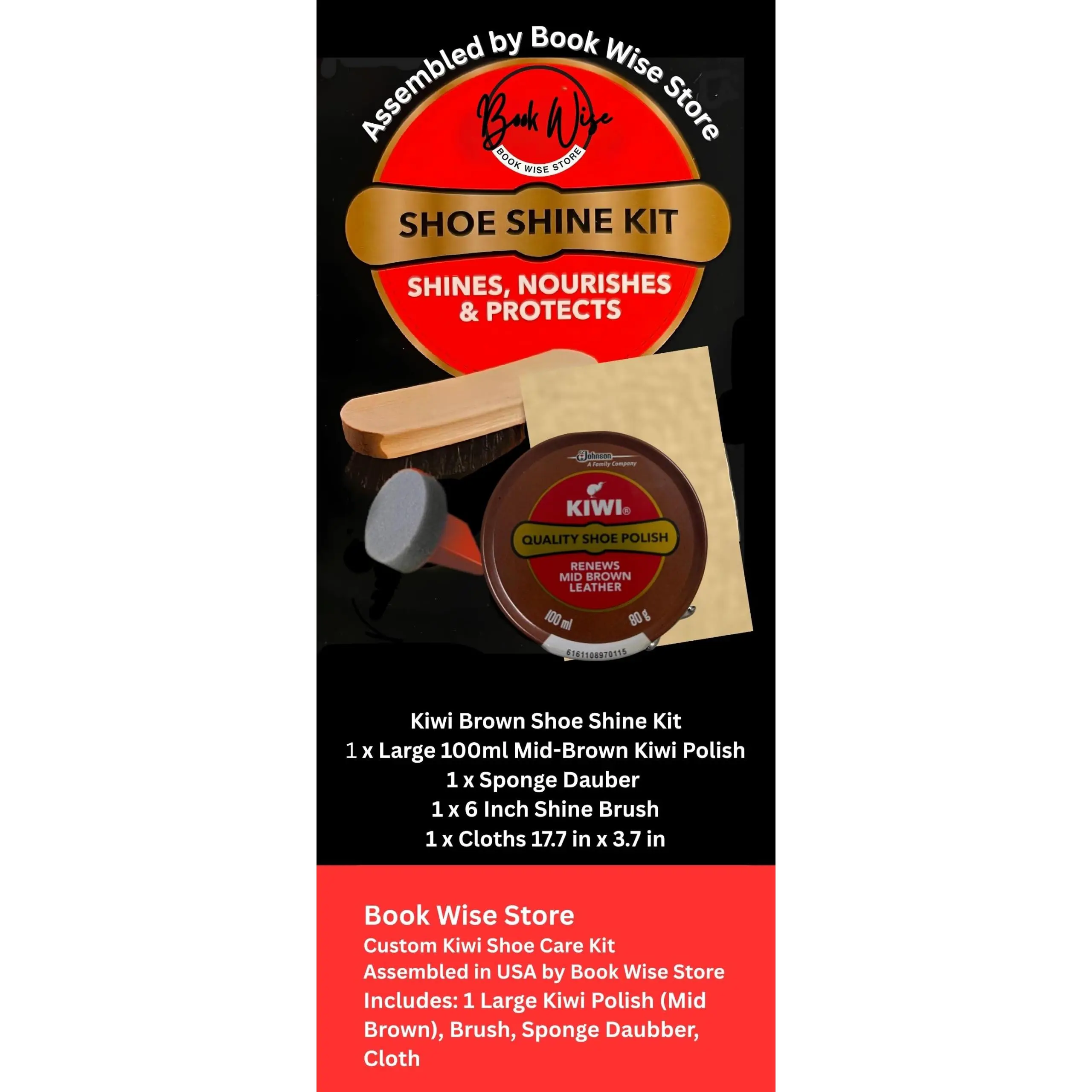 Shoe Shine Kit with KIWI Mid-Brown Quality Shoe Polish 100ml, 6 Inch Shine Brush, Sponge Dauber and Shine Cloth, Assembled by Book Wise for Leather Shoes and Boots