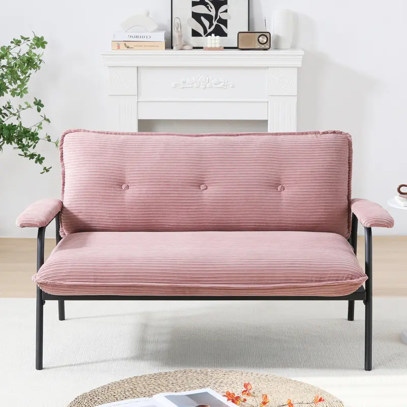 53*30*31 in Sturdy Modern Loveseat Sofa, Comfy Corduroy Couch with Stylish Metal Handrails, Assembly-Required Small Sofa for Small Living Room, Home Office, Balcony Life (Pink)