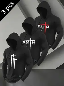 Men's Christian Faith Hooded Long Sleeve, Cross & "Faith" Print Casual Hoodie, Streetwear Athletic Top #ChristianStreetwear #FaithPrintHoodie #CrossGraphicTop #ReligiousStreetStyle #TikTokMadeMeBuyIt