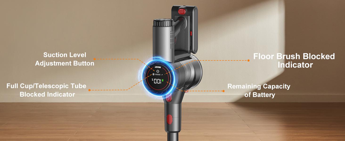 PRASKY Cordless Vacuum Cleaner –  Powerful Suction, LED Touchscreen, Self-Standing, 8-in-1 Lightweight Stick Vacuum for Pet Hair, Carpet,Car & Hard Floor, 250W/Up to 45 Mins Runtime with Removable Battery Multifunctional Durable