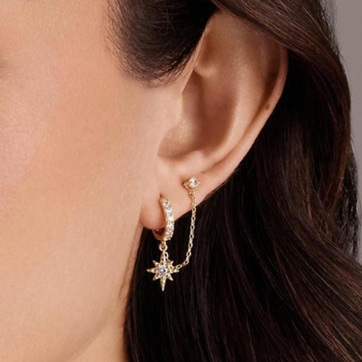 Gold Color Earrings For Women Double Piercing Dangle Chain Huggie Hoop Earrings Stud Earring For Women