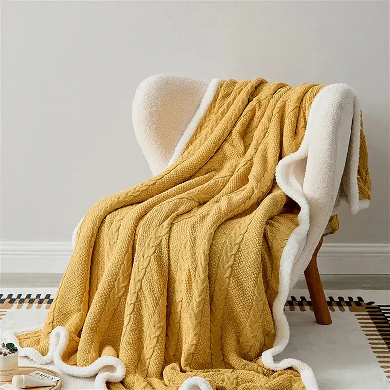 European Look Luxury Sherpa Cotton Blanket - Cozy Rectangular Yellow Coral Fleece Blanket for Adults, General Use for Adults, Portable, Warm for Winter, Machine Washable, Any Occasion, Soft