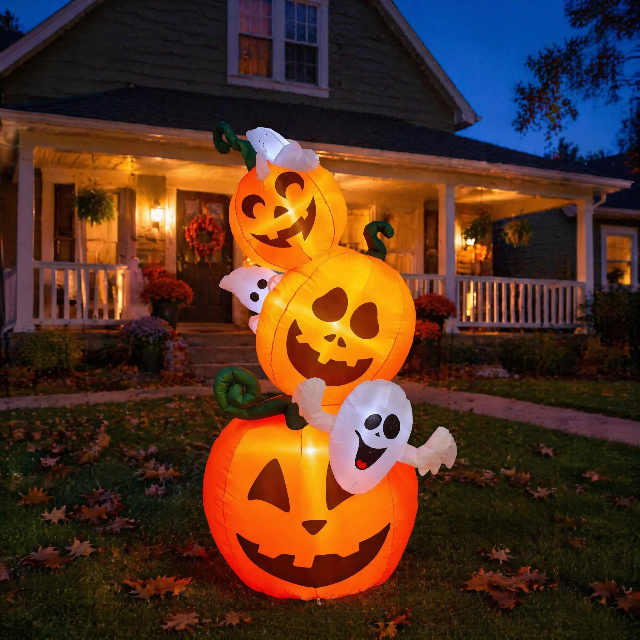 Halloween Inflatable Stacked Pumpkins with Spooky Ghost, LED Light, Lightweight Waterproof Blow-Up Yard Ornament, Outdoor Garden Holiday Party Decor Supply