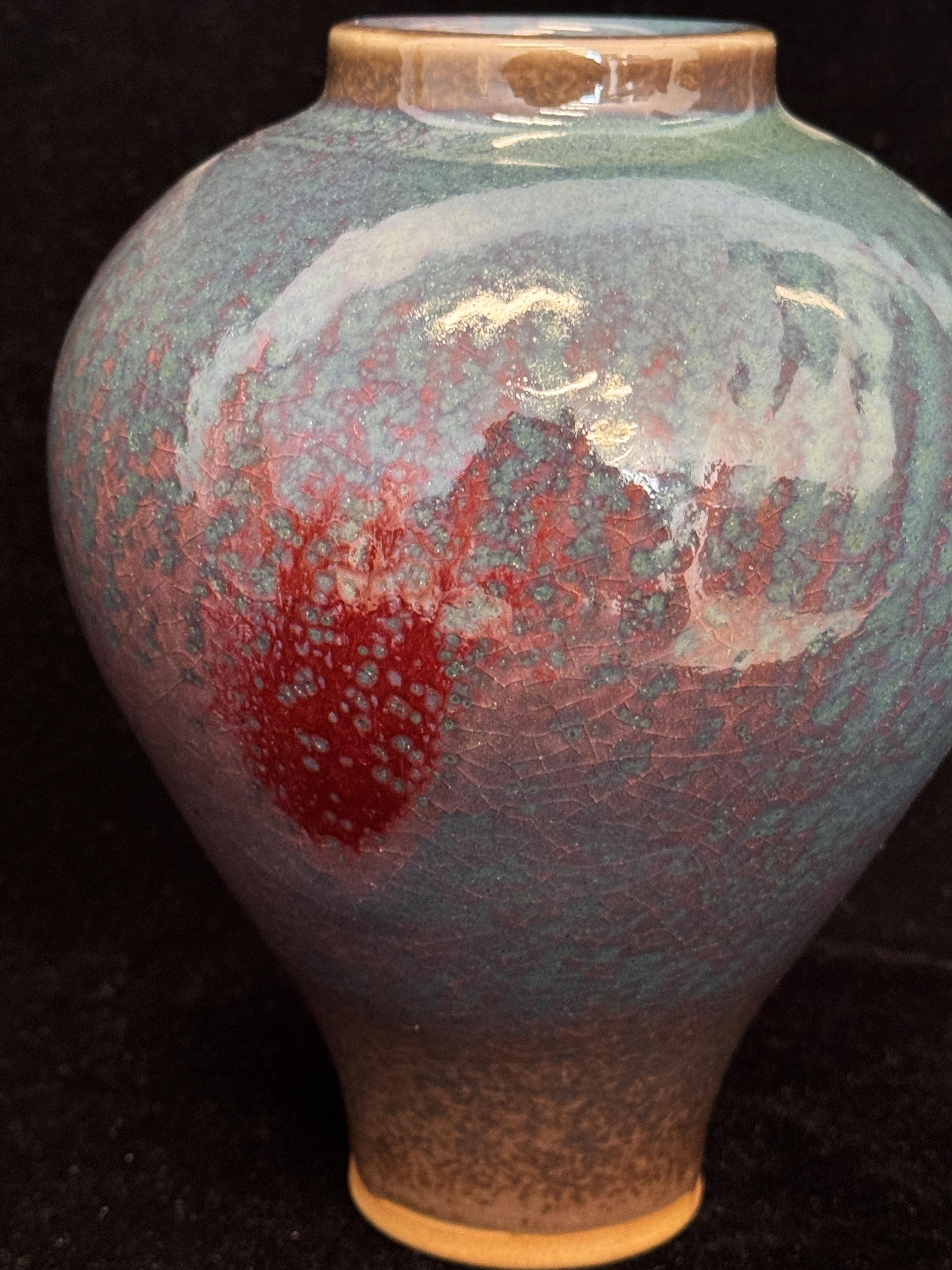 Handmade Chinese Jun Porcelain Vase, Vintage Red-Green Kiln-Fired Glaze Ceramic Vase, Unique Asian Art Home Decor