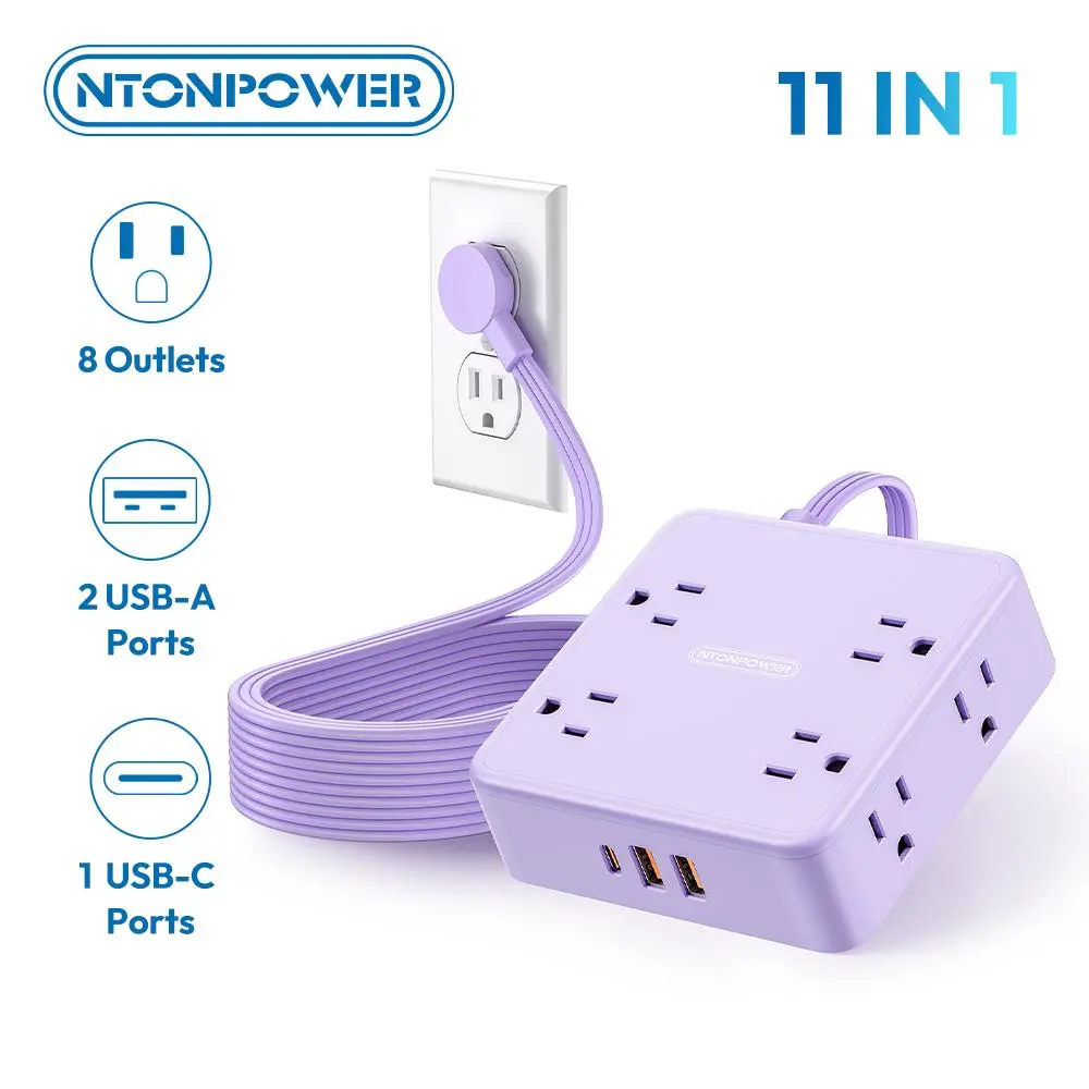 NTONPOWER Flat Extension Cord, 11-in-1  Power Strip with Surge Protector, 8 Outlets & 3 USB Ports, 3-Prong, Wall-Mount Outlet Extender, Indoor Multiple Outlets for Home & Office