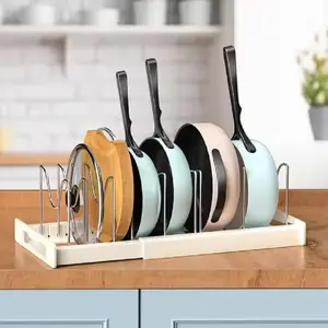 Scratch-Free Tiered Pan Organizer Rack for Cabinet | Adjustable Heavy Duty Cookware Storage Shelf for Pots, Lids & Plates | Zero-Tool Assembly Kitchen Cabinet Clutter Solution