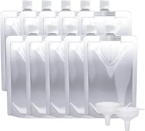 Reusable Plastic Drink Pouches – Leak-Proof Flexible Juice Bags, BPA-Free, 8oz (10PCS) with 2 Funnels for Travel, Outdoor Sports