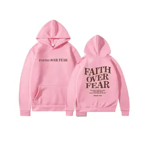 Durable Faith Over Fear" Cotton-Blend Hoodie - Oversized, Heavyweight With Bold Graphic Print, Kangaroo Pocket | Street Style Black Hooded Sweatshirt Essential Hoodie Pink Long Sleeve Menswear Hem Polyester Set Stretch Tops Pullover Fabric Casual