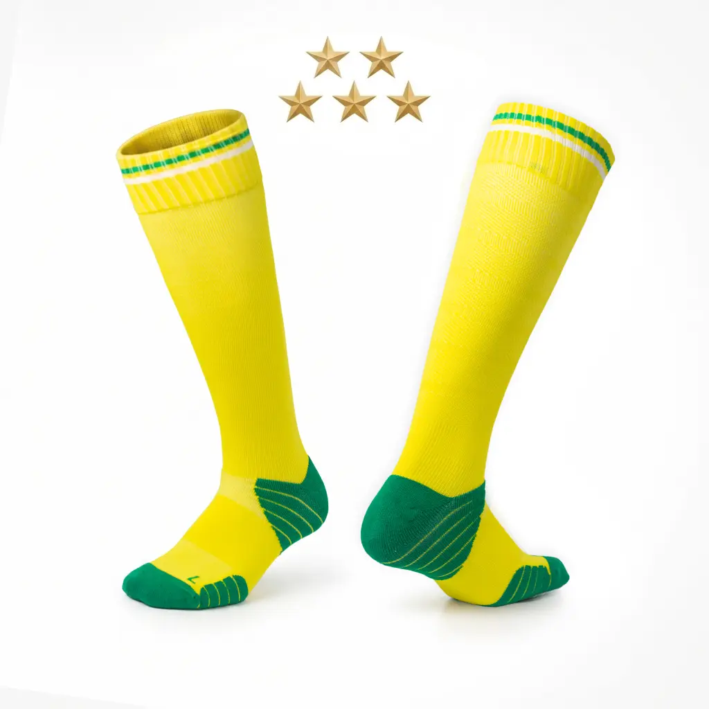 JUPICHUBI 5-Star Samba Yellow & Green Grip Soccer Socks for Men Cushioned Breathable Football Socks with Seamless Toe for Global Tournament Fan on  Match Day Anti-Slip  Knee-High Sports Socks